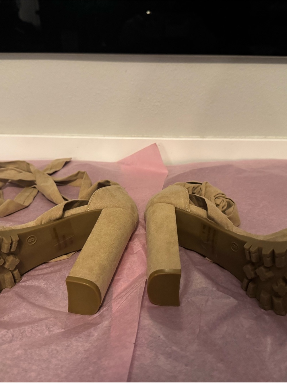 Fashion Nova Tan Suede Wrap Platform Heels - Picture 3 of 5